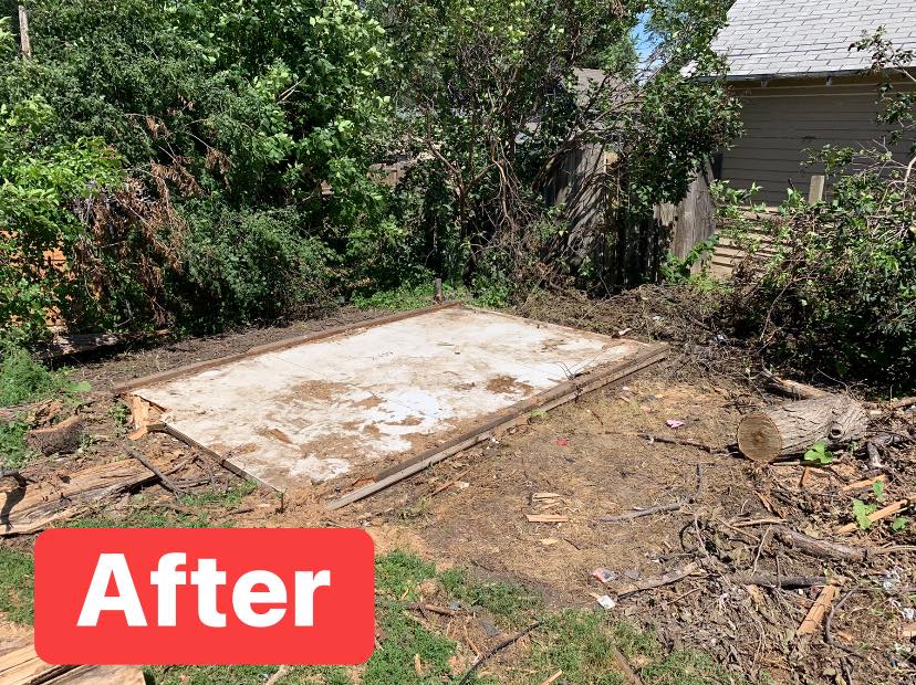 After: same backyard fully cleared, debris hauled off, lot returned to grass