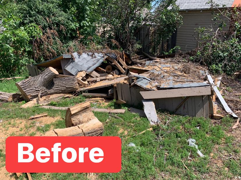 Before: a destroyed wooden shed reduced to a pile of debris in a Sioux Falls backyard